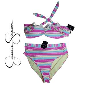 NWT Jessica Simpson Striped Ruffle Bikini Set
